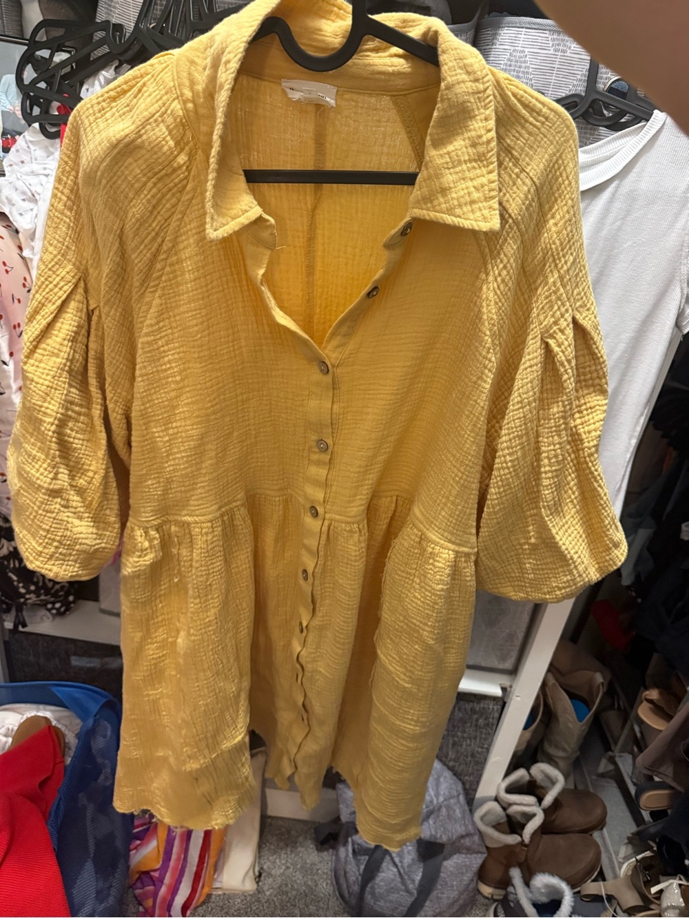 Yellow Button-Front Textured Tunic Dress
